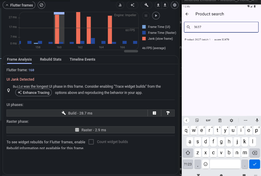 Red UI-thread frames on every keystroke, Frame Analysis showing Build as the longest phase