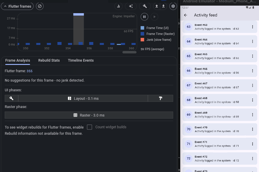 Flutter DevTools Frame Analysis after the fix: no jank detected, 59 FPS, Raster 3.0 ms